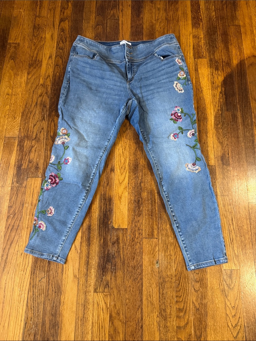 Lane Bryant Embroidered Floral Skinny Jeans - Blue with Pink & Green Accents